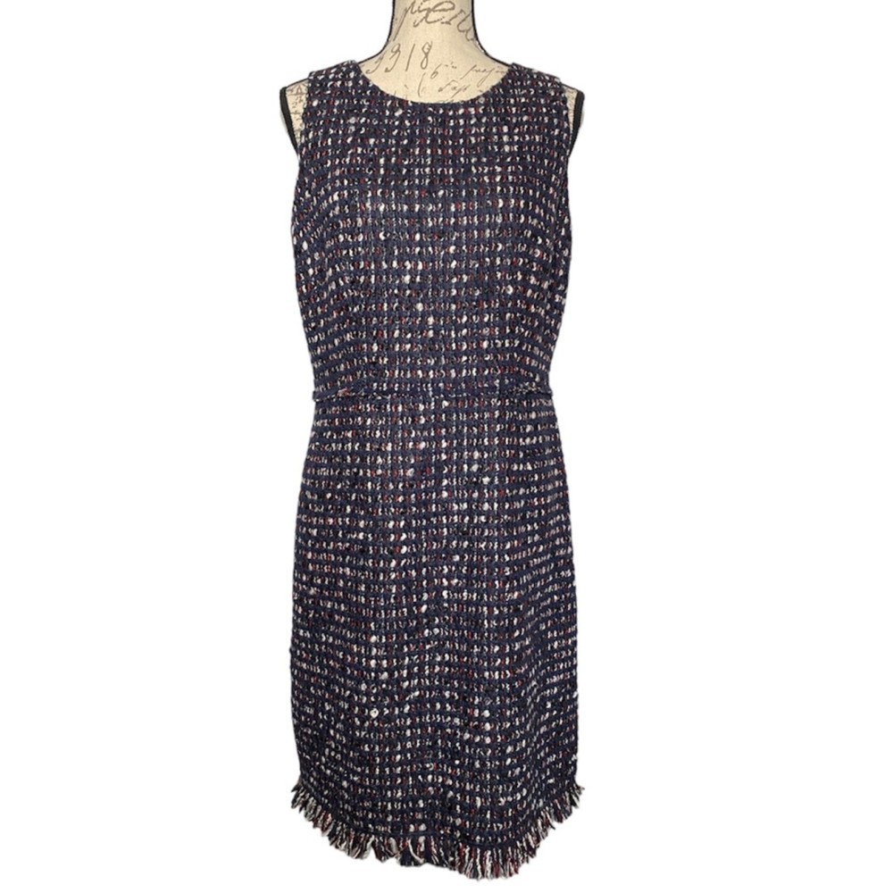 Per Se Sheath Tweed Dress with Fringe on Waist & Hem Size 10